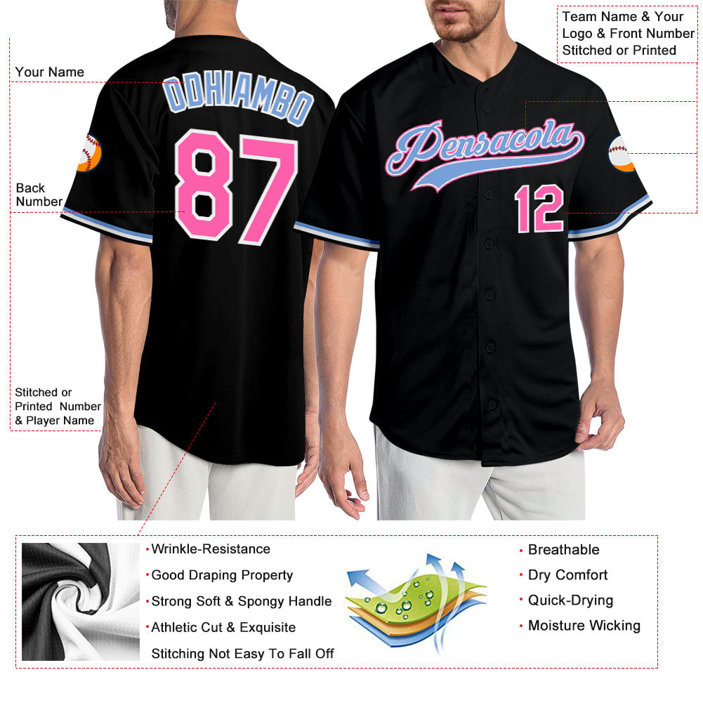 Custom Black Pink-Light Blue Authentic Baseball Jersey view 3
