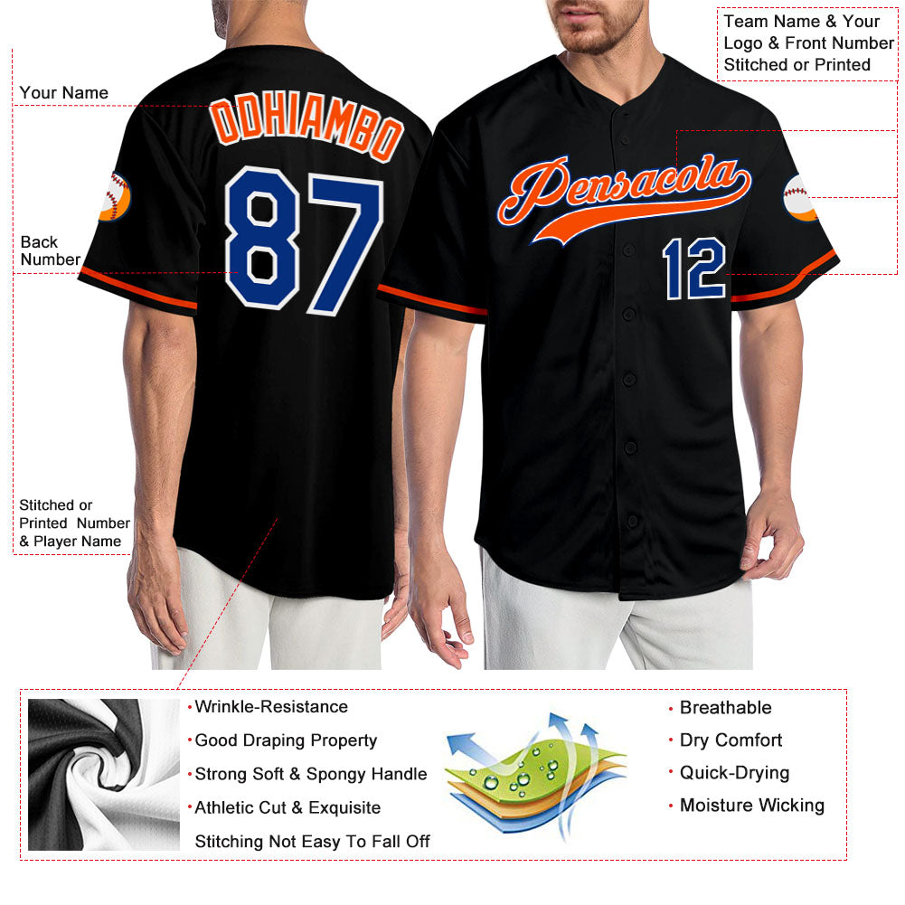 Custom Black Royal-Orange Authentic Baseball Jersey view 3