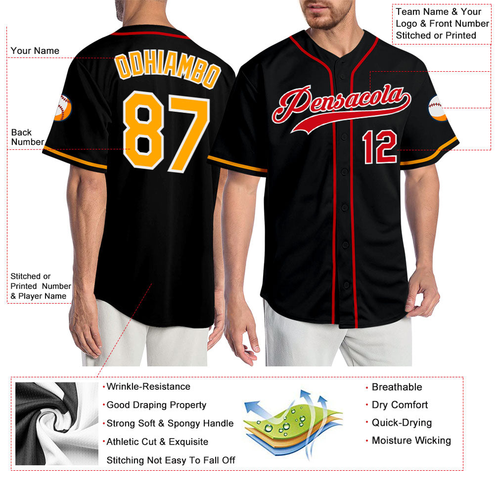 Custom Black Gold-Red Authentic Baseball Jersey view 3