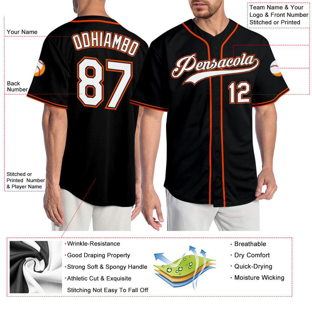 Custom Black White-Orange Authentic Baseball Jersey view 3