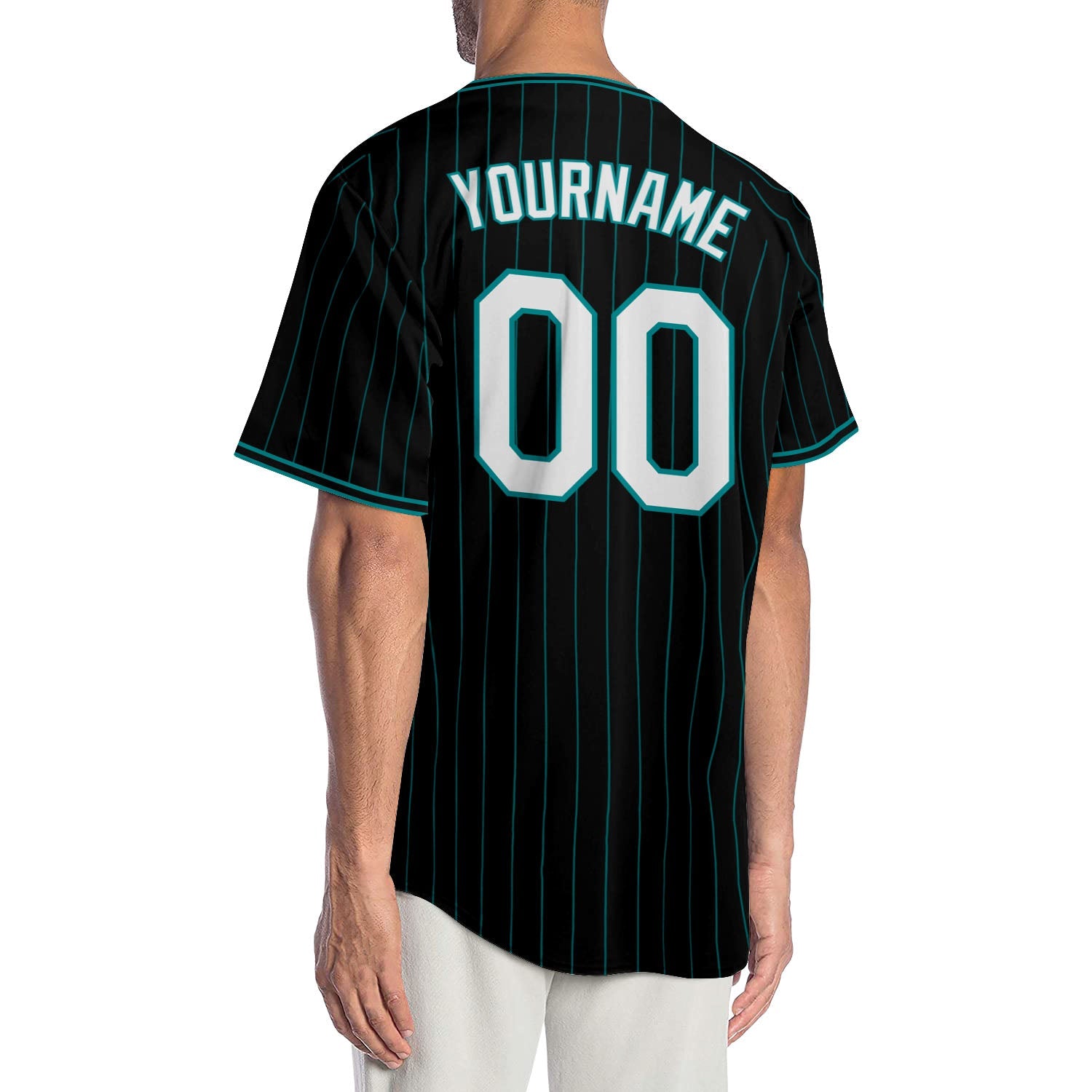 Custom Black Teal Pinstripe White-Teal Authentic Baseball Jersey view 2