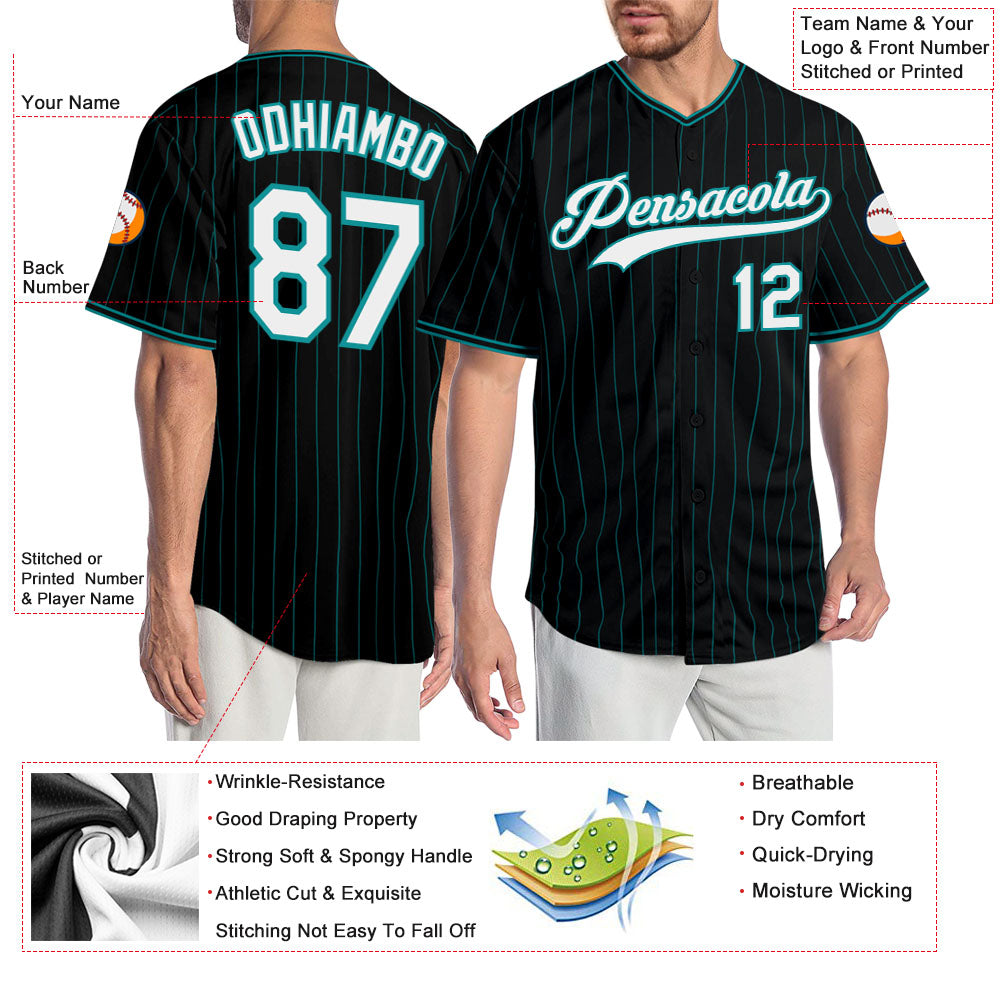 Custom Black Teal Pinstripe White-Teal Authentic Baseball Jersey view 3