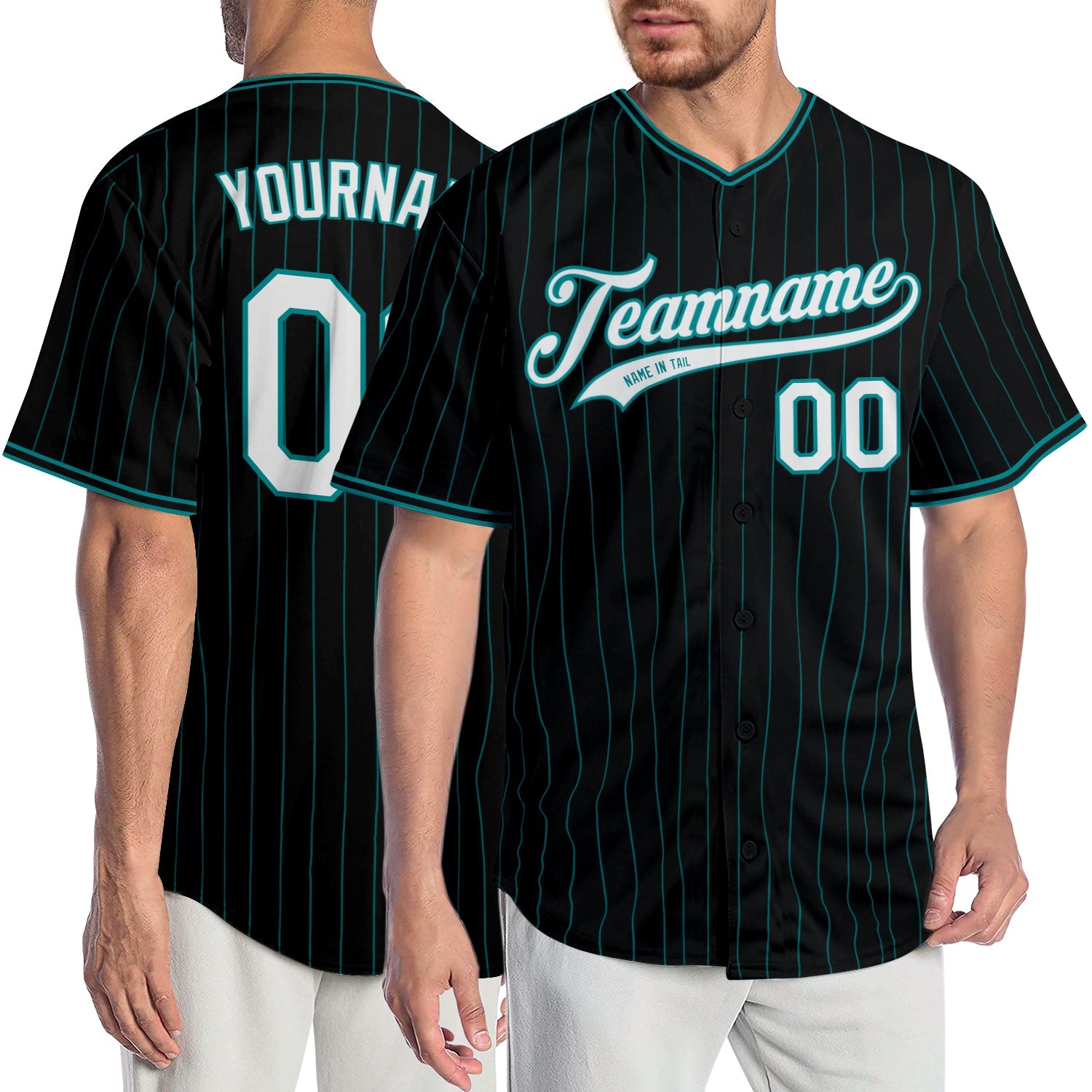 Custom Black Teal Pinstripe White-Teal Authentic Baseball Jersey - Main View