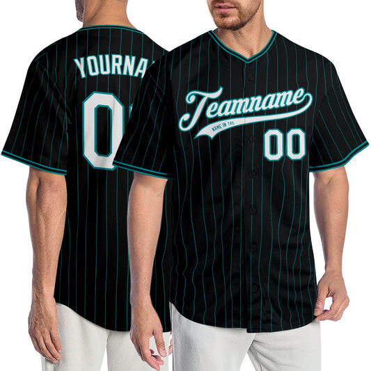 Custom Black Teal Pinstripe White-Teal Authentic Baseball Jersey - Main View