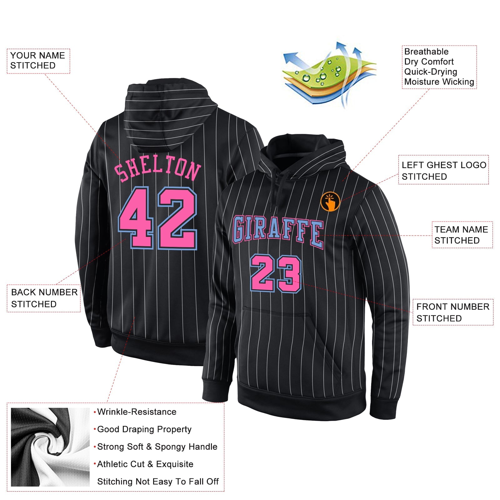 Custom Stitched Black White Pinstripe Pink-Light Blue Sports Pullover Sweatshirt Hoodie view 2