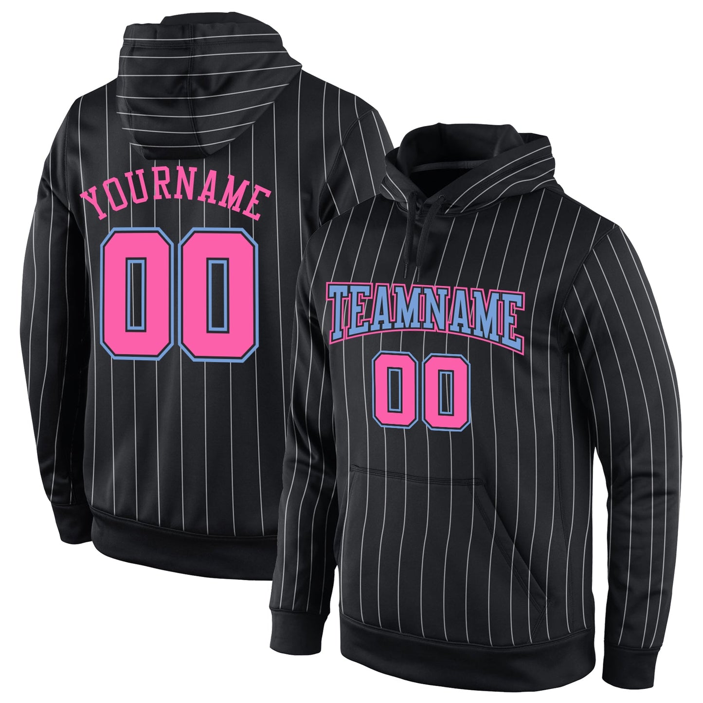 Custom Stitched Black White Pinstripe Pink-Light Blue Sports Pullover Sweatshirt Hoodie - Main View
