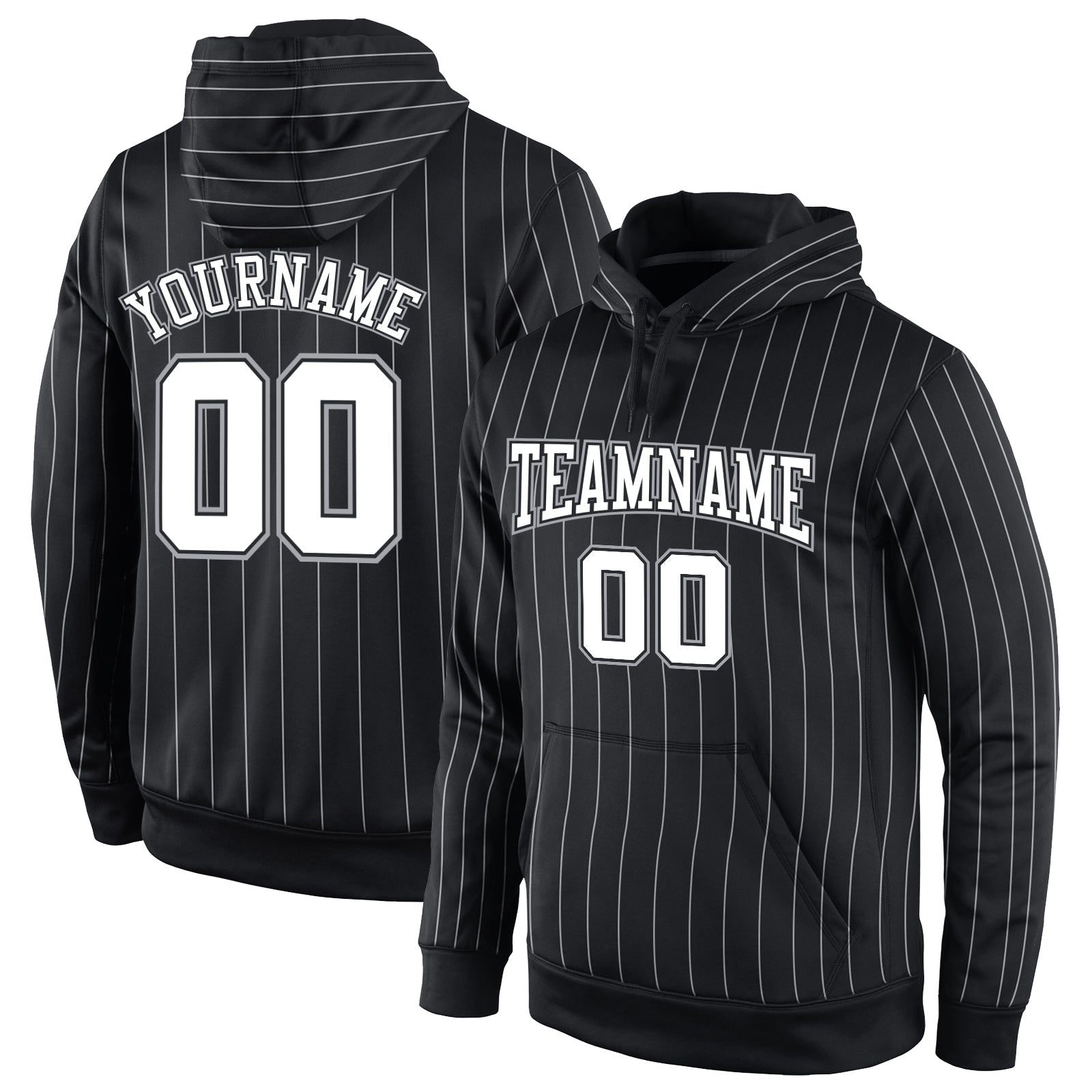 Custom Stitched Black White Pinstripe White-Gray Sports Pullover Sweatshirt Hoodie - Main View