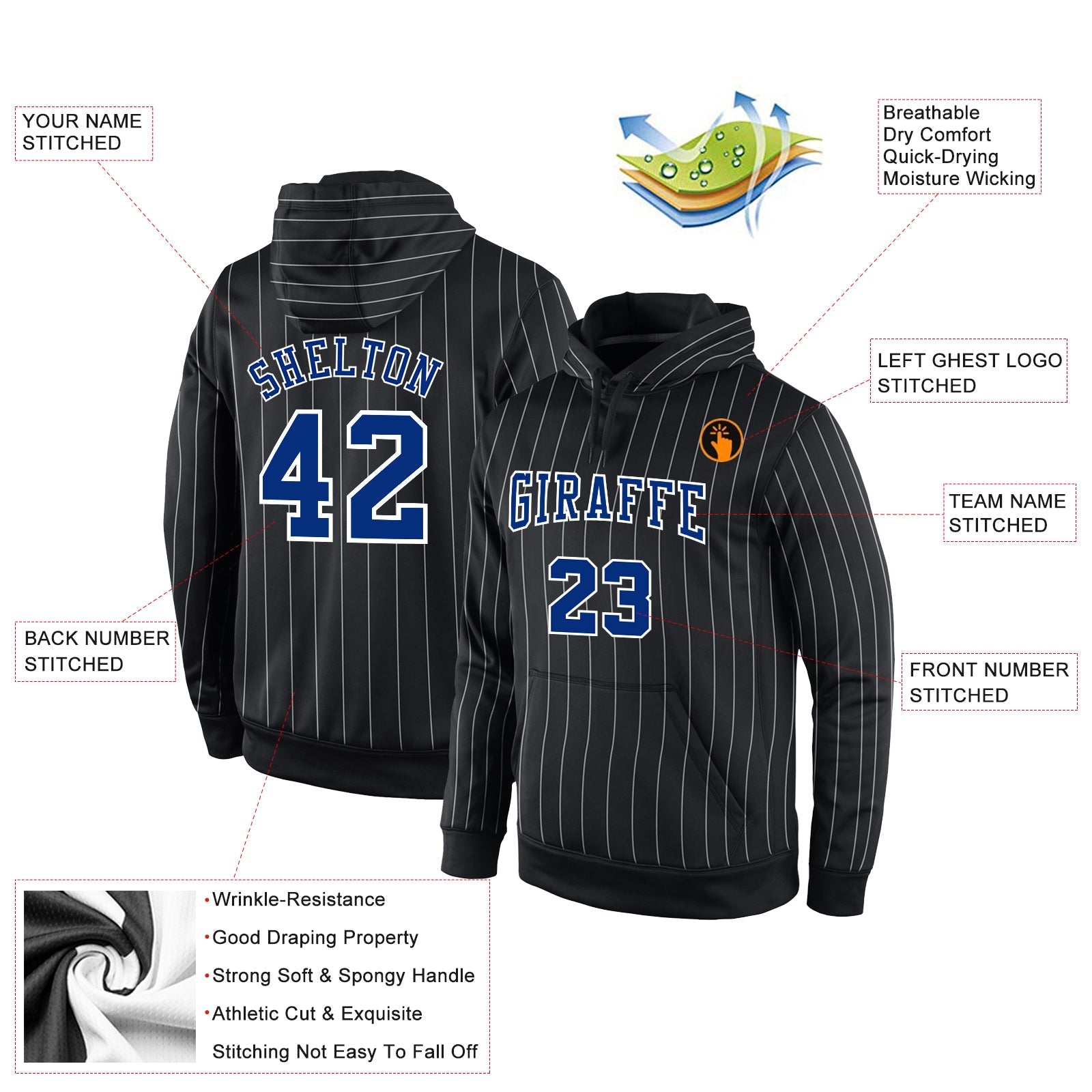 Custom Stitched Black White Pinstripe Royal-White Sports Pullover Sweatshirt Hoodie view 2