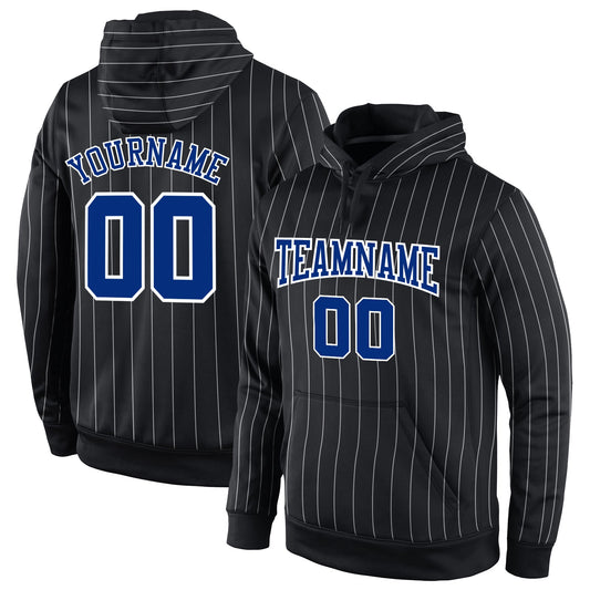Custom Stitched Black White Pinstripe Royal-White Sports Pullover Sweatshirt Hoodie - Main View