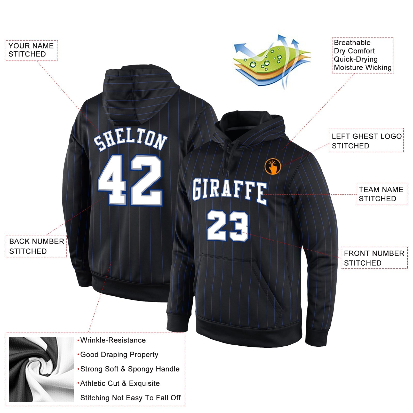 Custom Stitched Black Royal Pinstripe White-Gray Sports Pullover Sweatshirt Hoodie view 2