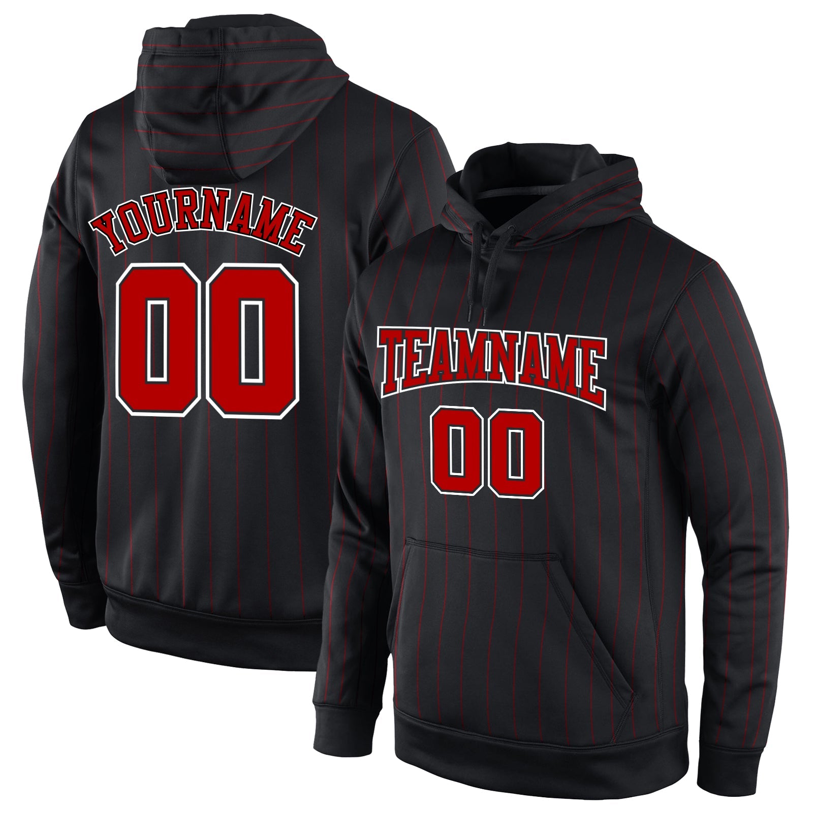 Custom Stitched Black Red Pinstripe Red-White Sports Pullover Sweatshirt Hoodie - Main View