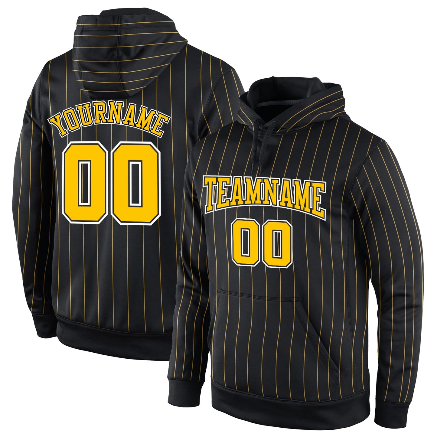 Custom Stitched Black Gold Pinstripe Gold-White Sports Pullover Sweatshirt Hoodie - Main View