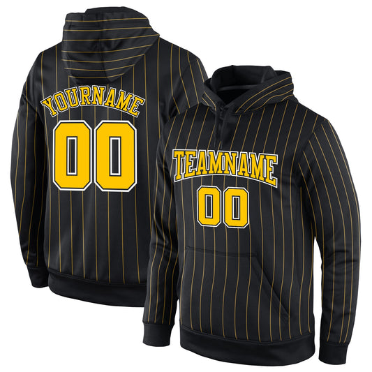 Custom Stitched Black Gold Pinstripe Gold-White Sports Pullover Sweatshirt Hoodie - Main View