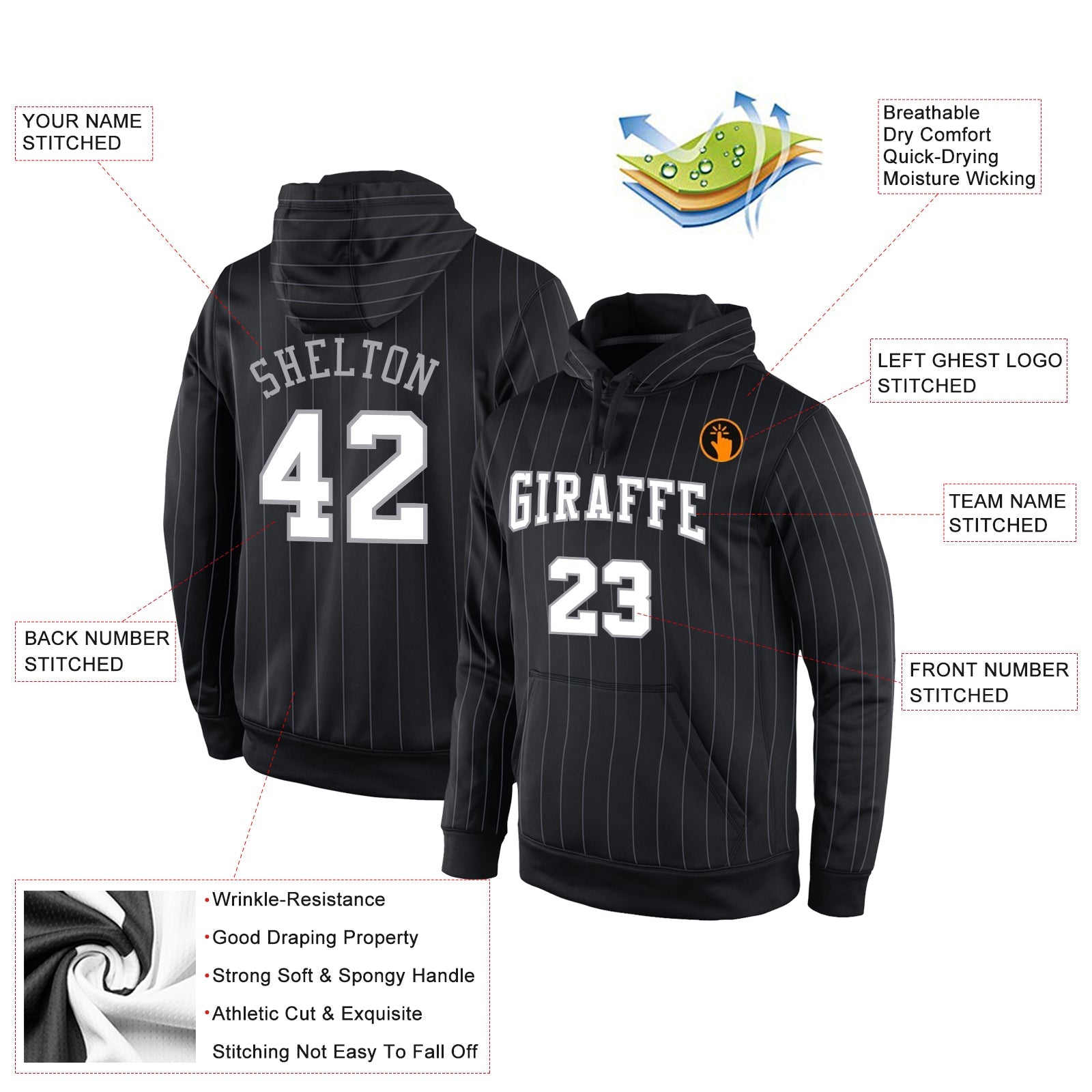 Custom Stitched Black Gray Pinstripe White-Gray Sports Pullover Sweatshirt Hoodie view 2