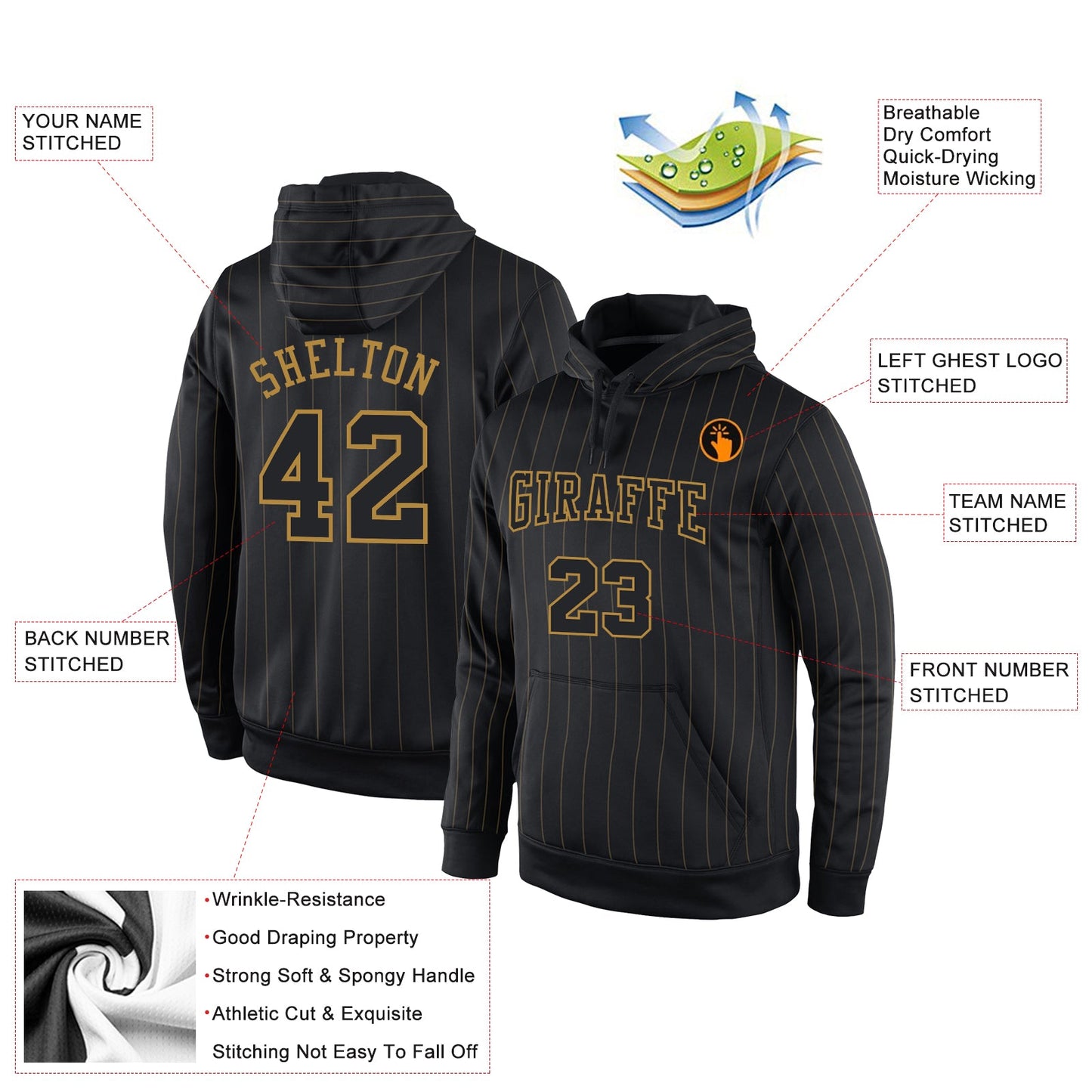 Custom Stitched Black Old Gold Pinstripe Black-Old Gold Sports Pullover Sweatshirt Hoodie view 2
