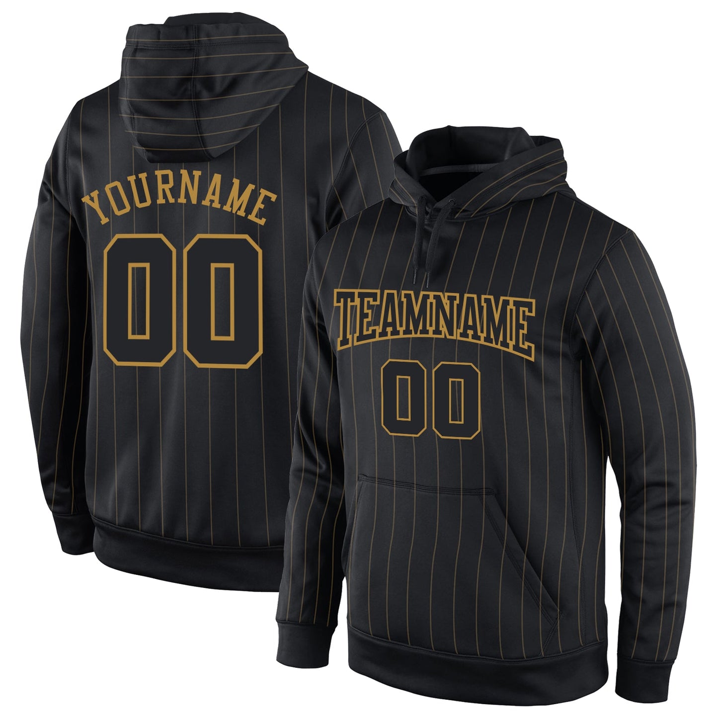 Custom Stitched Black Old Gold Pinstripe Black-Old Gold Sports Pullover Sweatshirt Hoodie - Main View