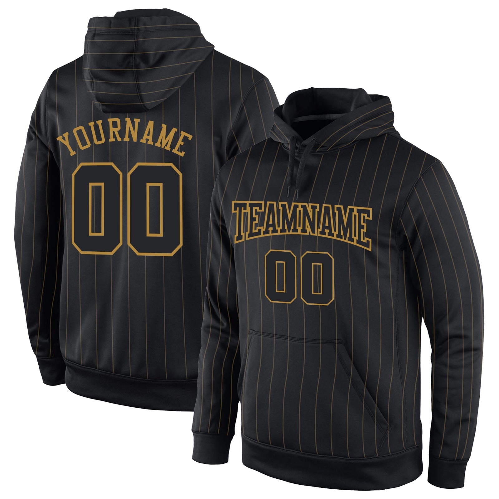 Custom Stitched Black Old Gold Pinstripe Black-Old Gold Sports Pullover Sweatshirt Hoodie - Main View