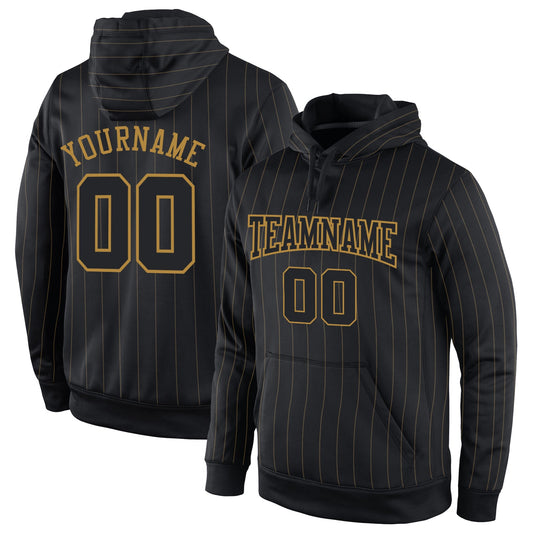 Custom Stitched Black Old Gold Pinstripe Black-Old Gold Sports Pullover Sweatshirt Hoodie - Main View