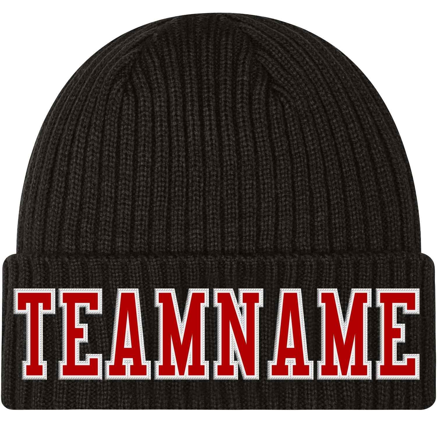 Custom Black Red-White Stitched Cuffed Knit Hat - Main View