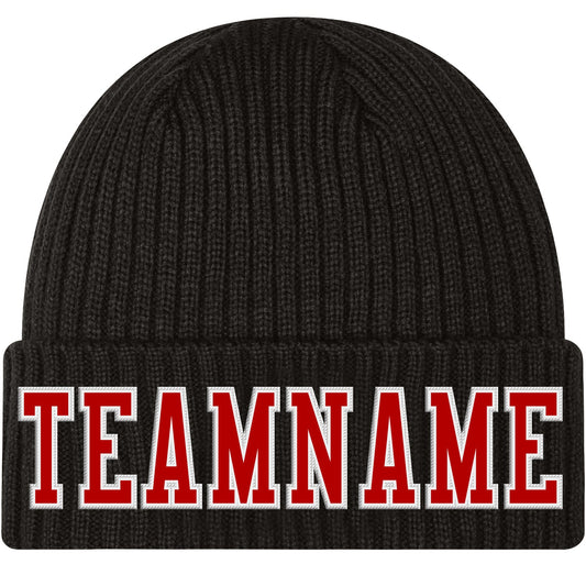 Custom Black Red-White Stitched Cuffed Knit Hat - Main View