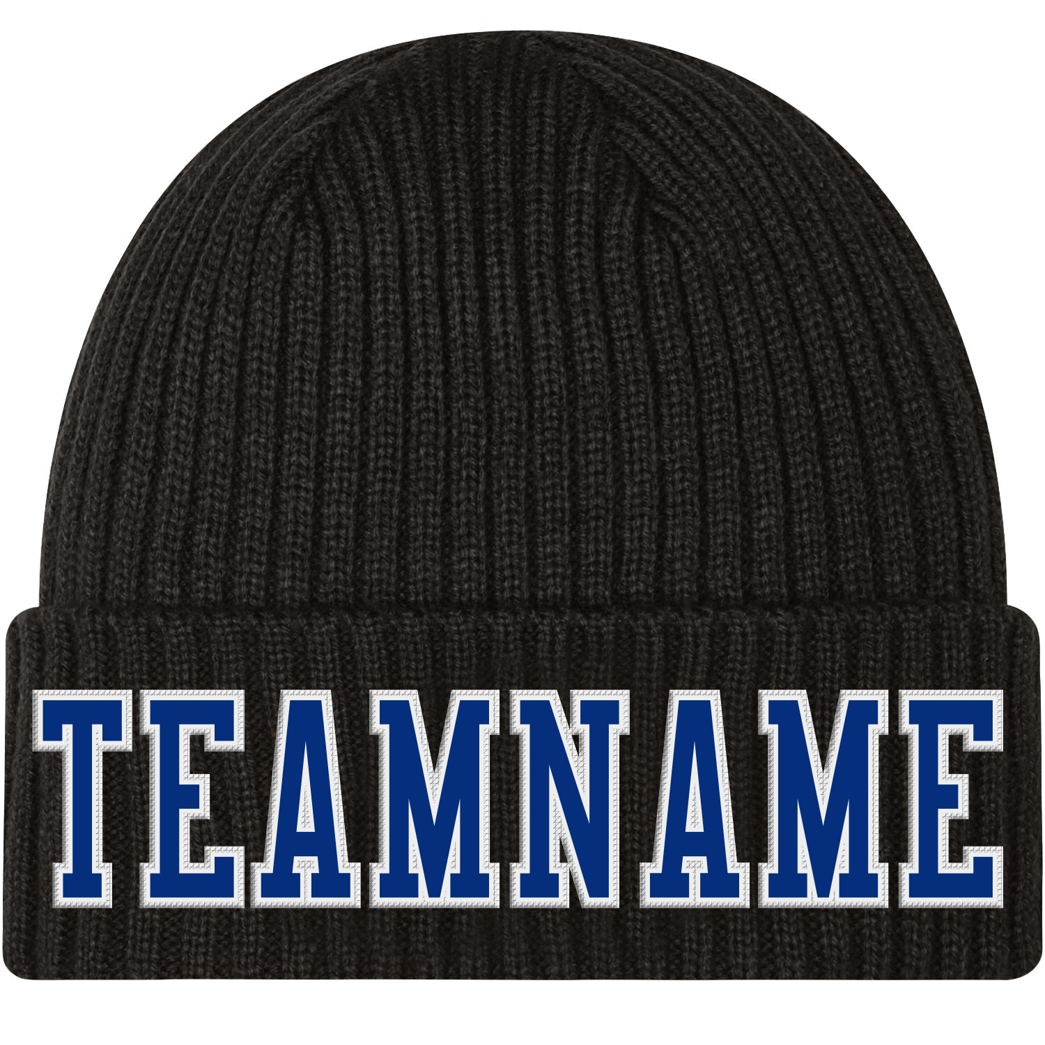 Custom Black Royal-White Stitched Cuffed Knit Hat - Main View
