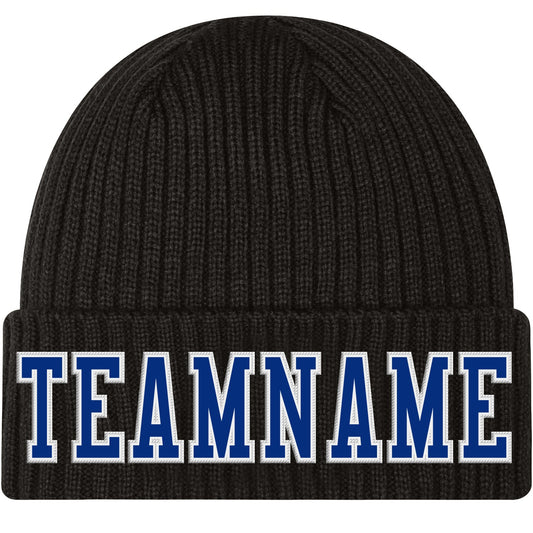 Custom Black Royal-White Stitched Cuffed Knit Hat - Main View