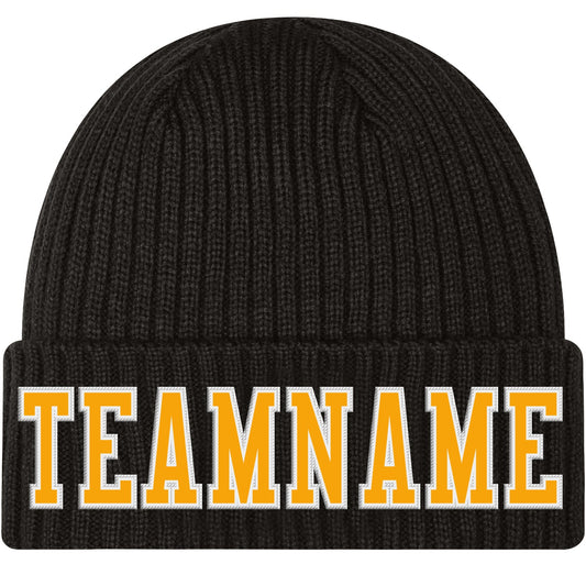 Custom Black Gold-White Stitched Cuffed Knit Hat - Main View