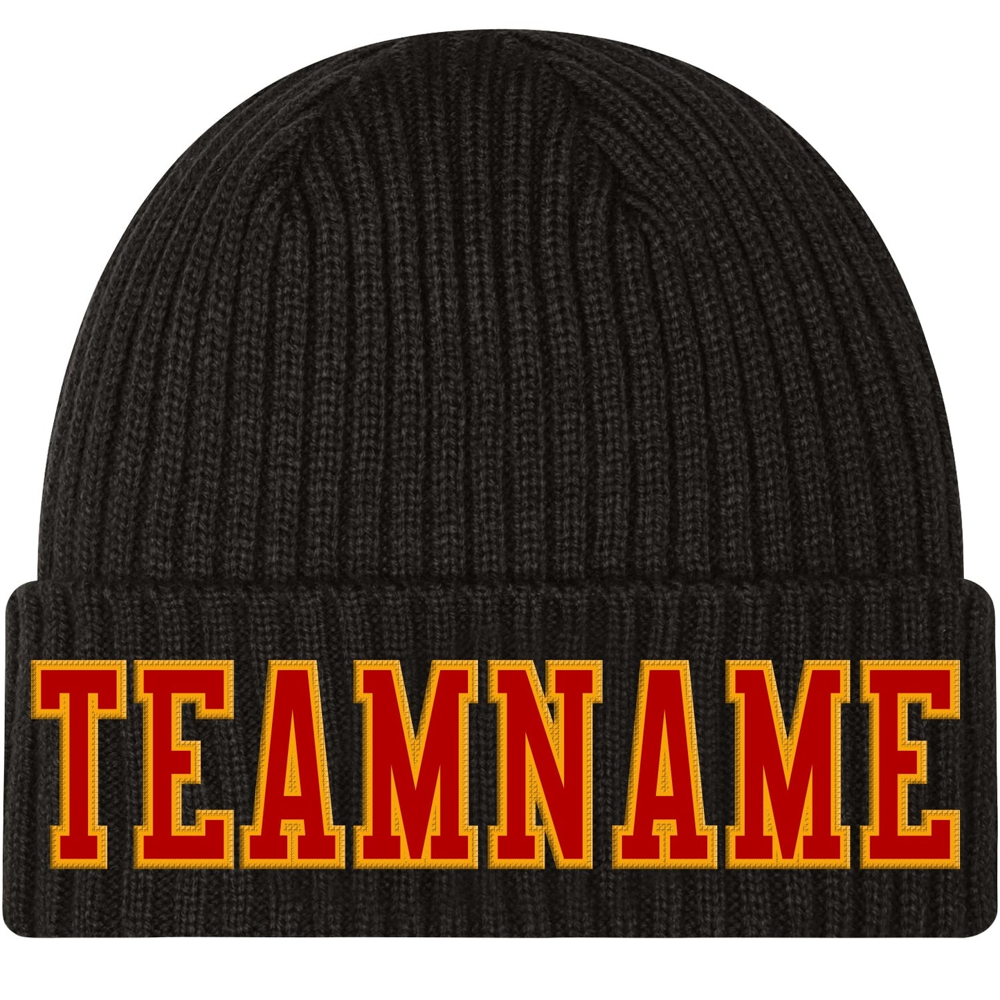 Custom Black Red-Gold Stitched Cuffed Knit Hat - Main View
