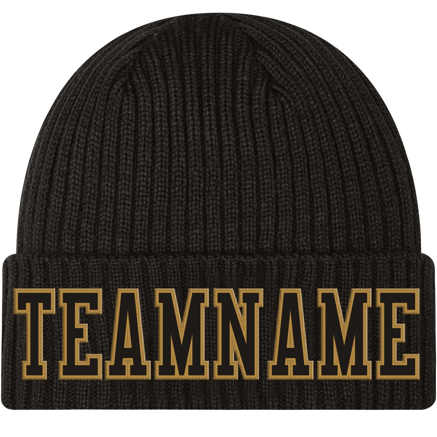 Custom Black Black-Old Gold Stitched Cuffed Knit Hat - Main View