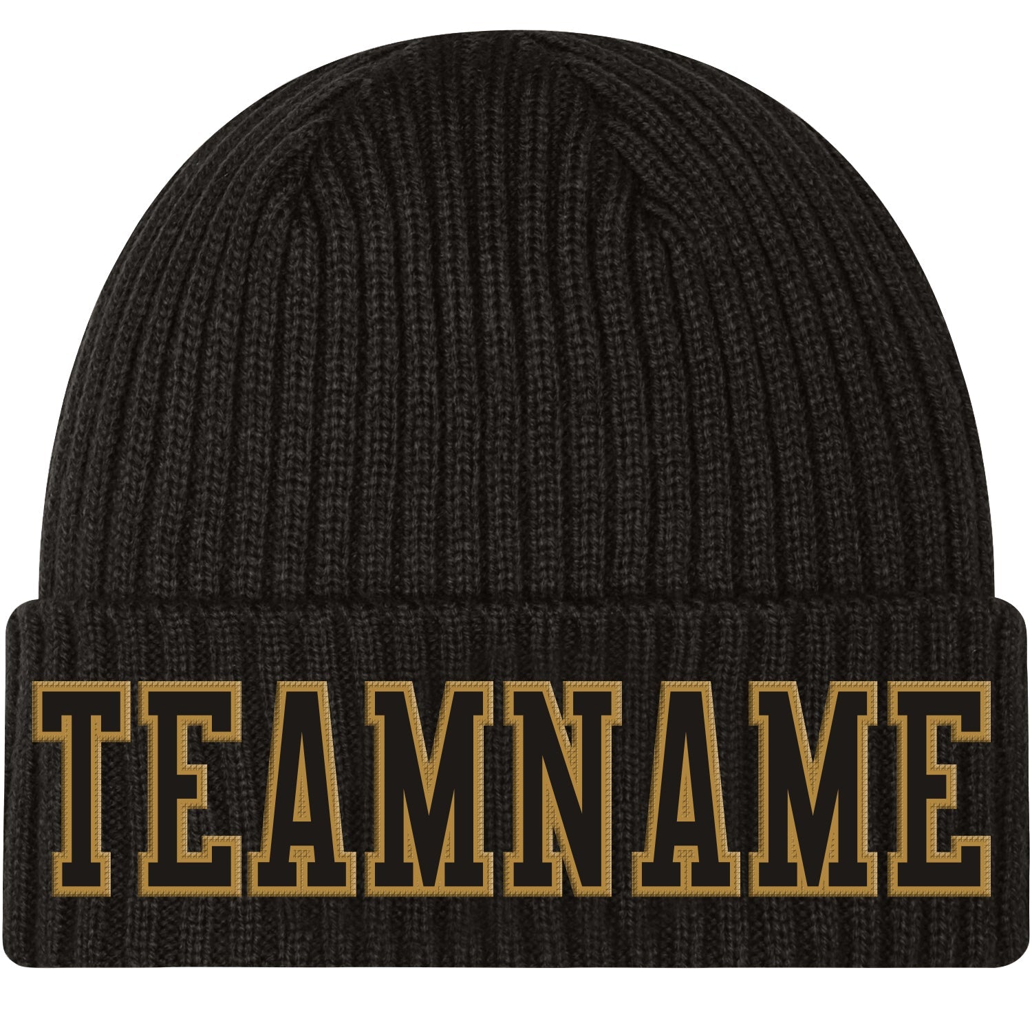 Custom Black Black-Old Gold Stitched Cuffed Knit Hat - Main View