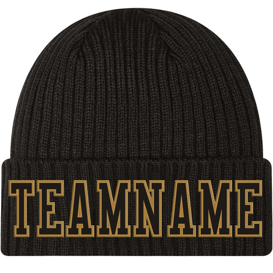 Custom Black Black-Old Gold Stitched Cuffed Knit Hat - Main View