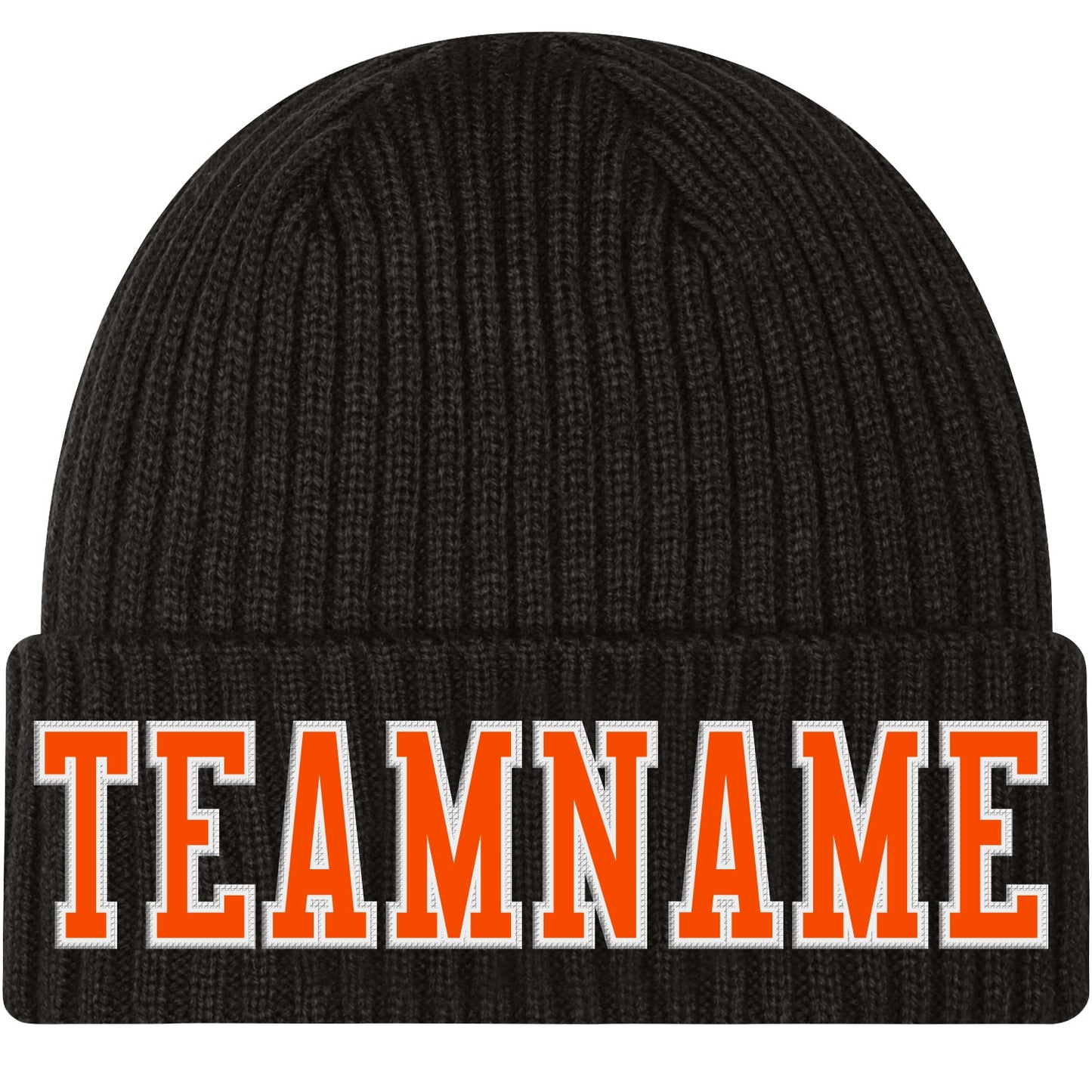 Custom Black Orange-White Stitched Cuffed Knit Hat - Main View