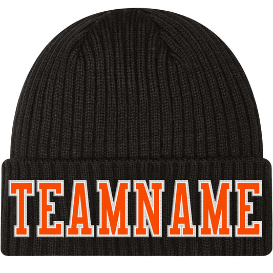 Custom Black Orange-White Stitched Cuffed Knit Hat - Main View