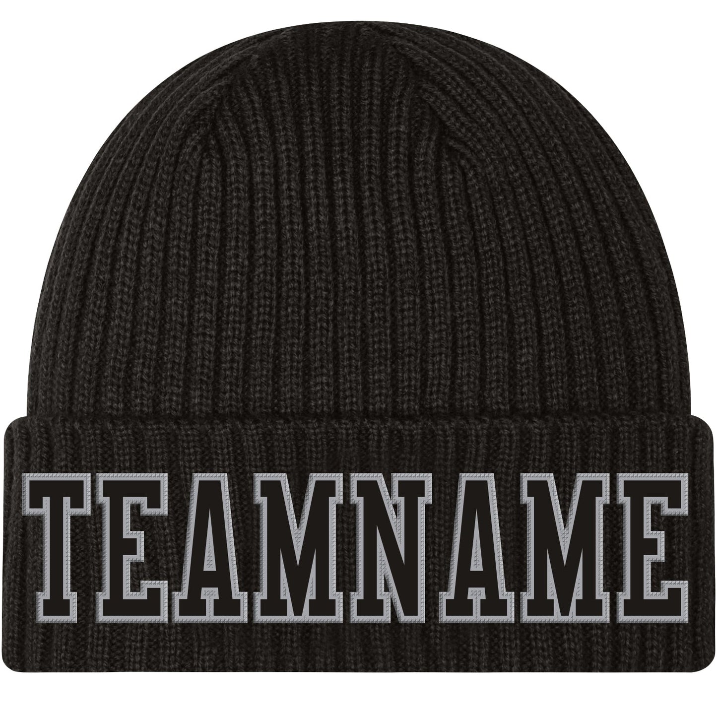 Custom Black Black-Gray Stitched Cuffed Knit Hat - Main View