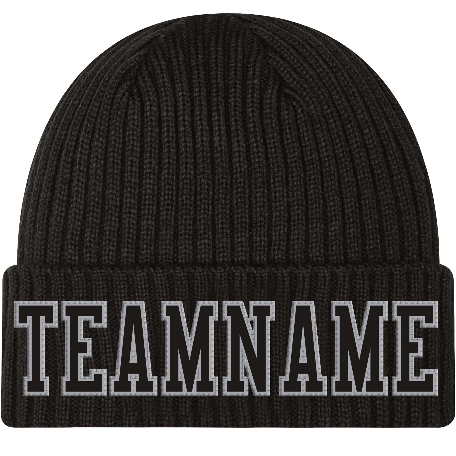 Custom Black Black-Gray Stitched Cuffed Knit Hat - Main View