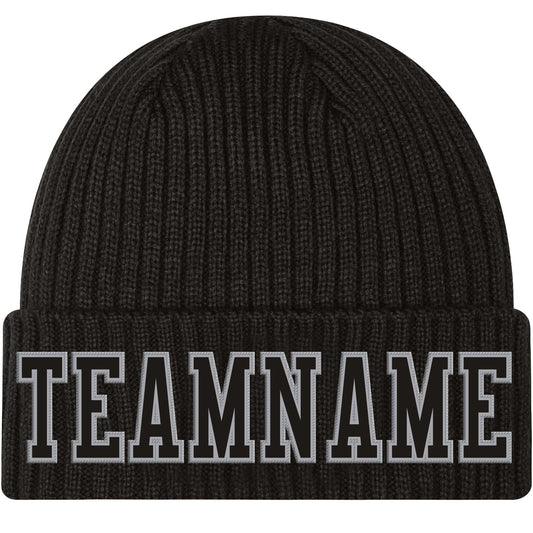 Custom Black Black-Gray Stitched Cuffed Knit Hat - Main View