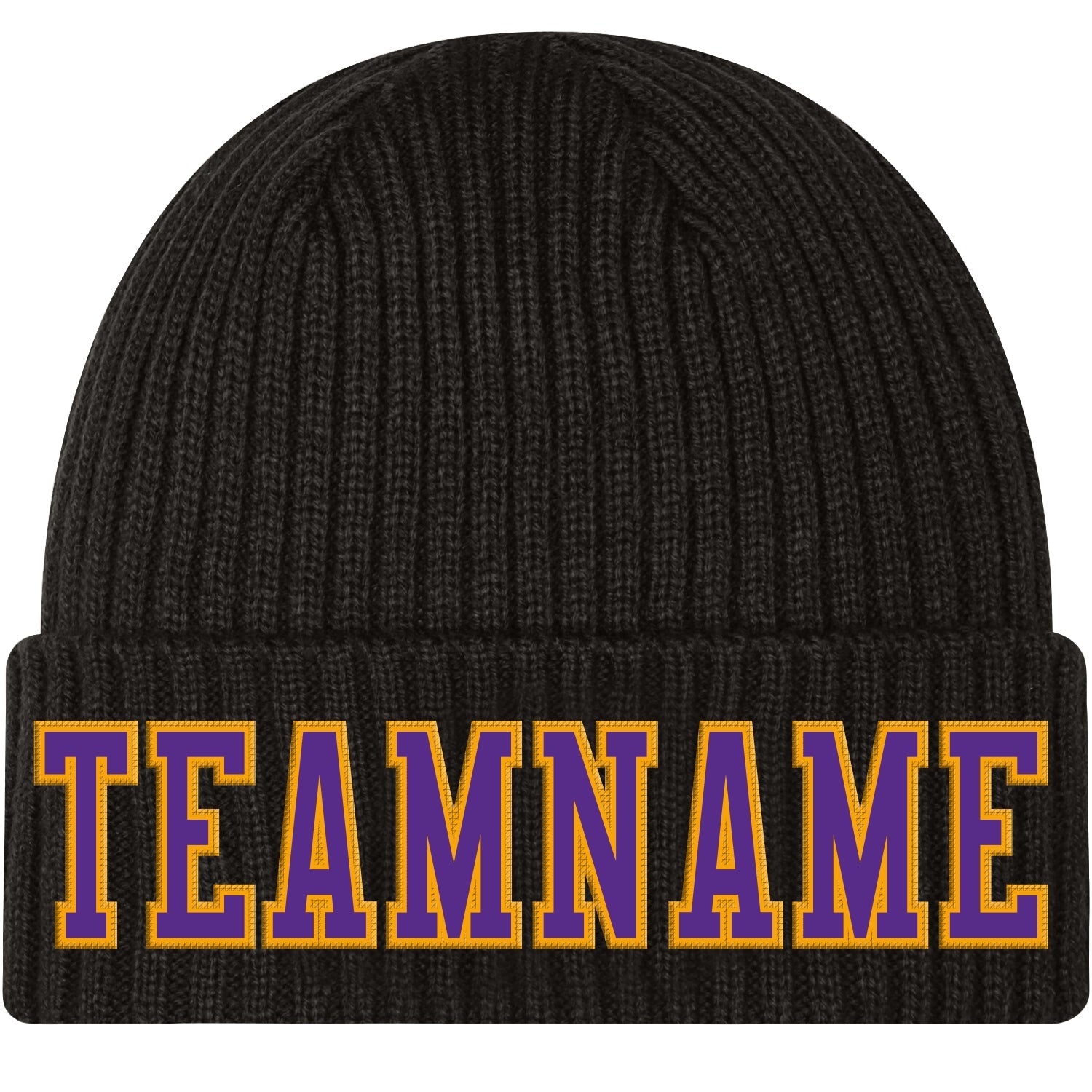 Custom Black Purple-Gold Stitched Cuffed Knit Hat - Main View