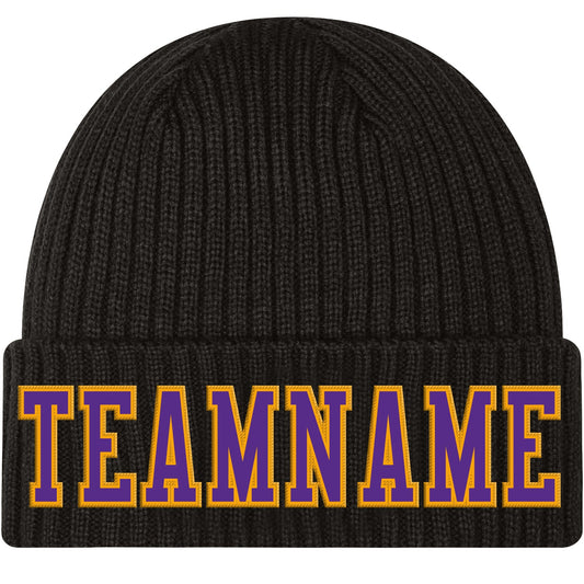 Custom Black Purple-Gold Stitched Cuffed Knit Hat - Main View