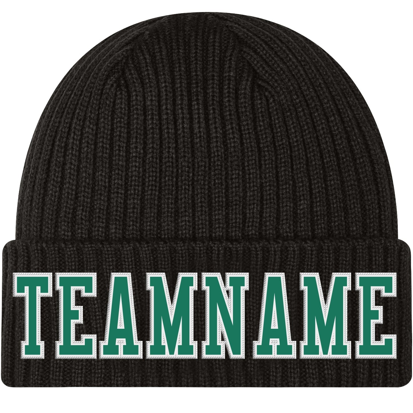 Custom Black Kelly Green-White Stitched Cuffed Knit Hat - Main View