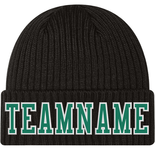 Custom Black Kelly Green-White Stitched Cuffed Knit Hat - Main View