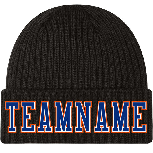 Custom Black Royal-Orange Stitched Cuffed Knit Hat - Main View