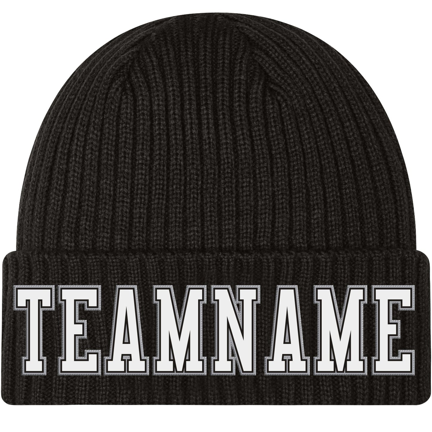Custom Black White-Gray Stitched Cuffed Knit Hat - Main View