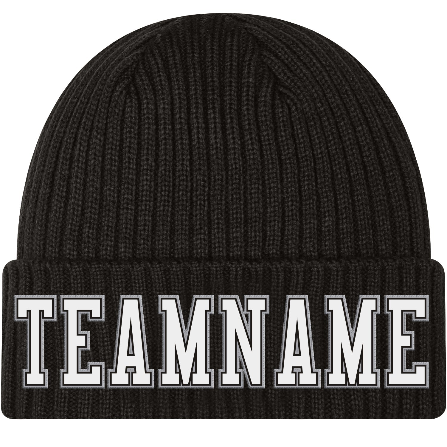 Custom Black White-Gray Stitched Cuffed Knit Hat - Main View
