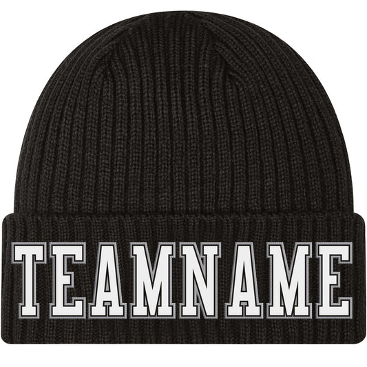Custom Black White-Gray Stitched Cuffed Knit Hat - Main View
