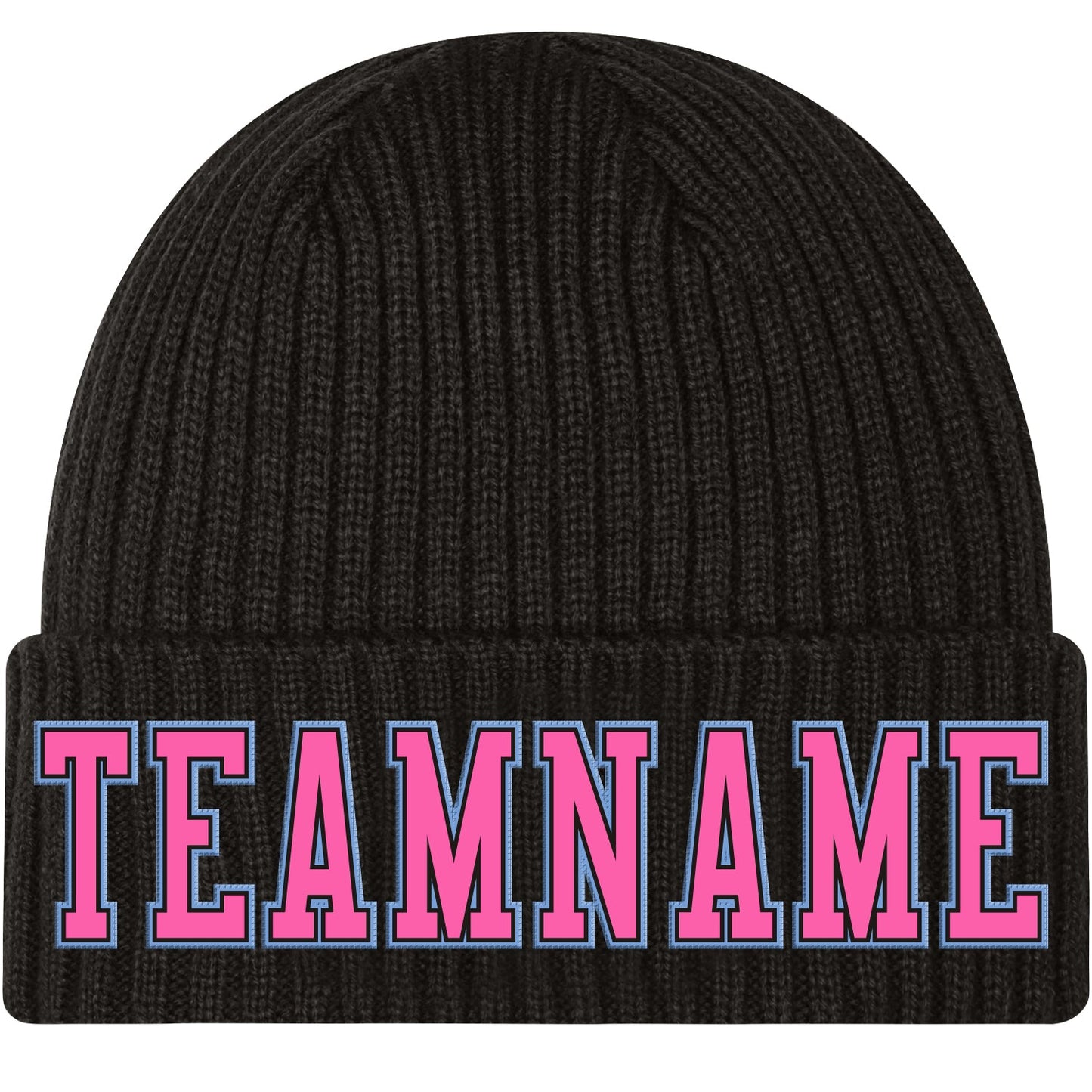 Custom Black Pink-Light Blue Stitched Cuffed Knit Hat - Main View