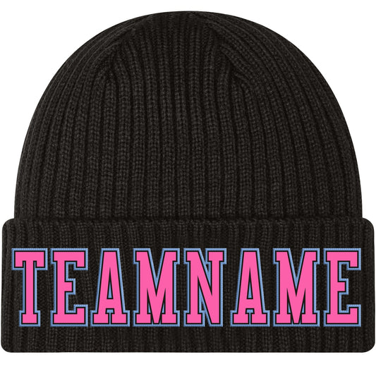 Custom Black Pink-Light Blue Stitched Cuffed Knit Hat - Main View