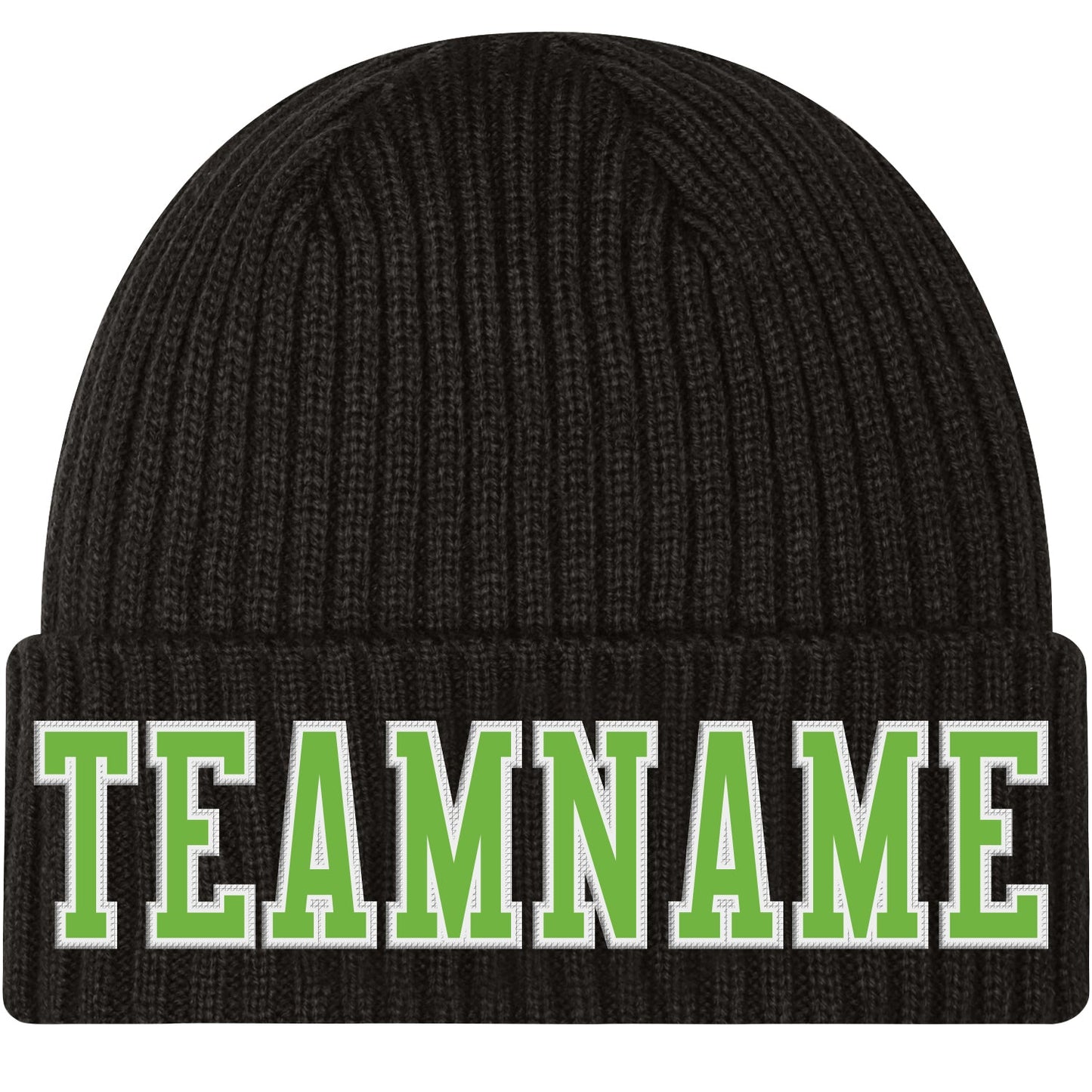 Custom Black Neon Green-White Stitched Cuffed Knit Hat - Main View