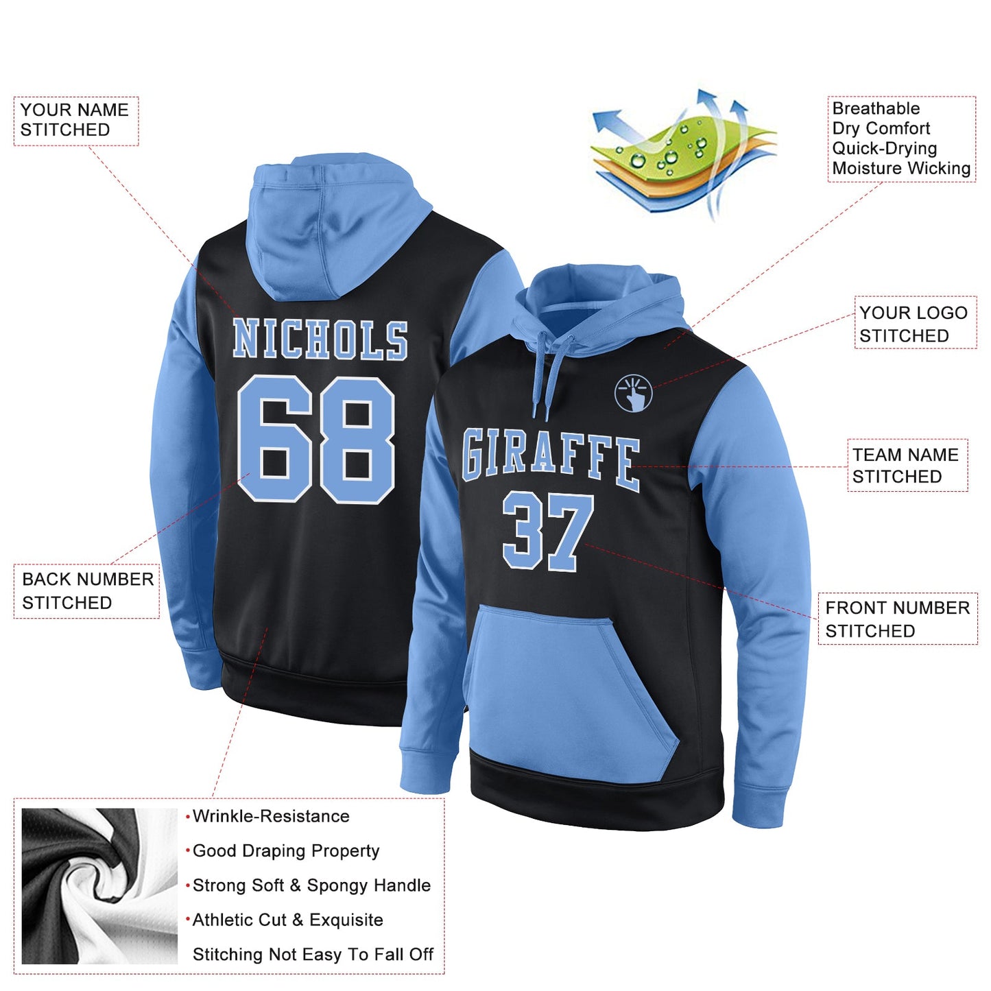 Custom Stitched Black Light Blue-White Sports Pullover Sweatshirt Hoodie view 2