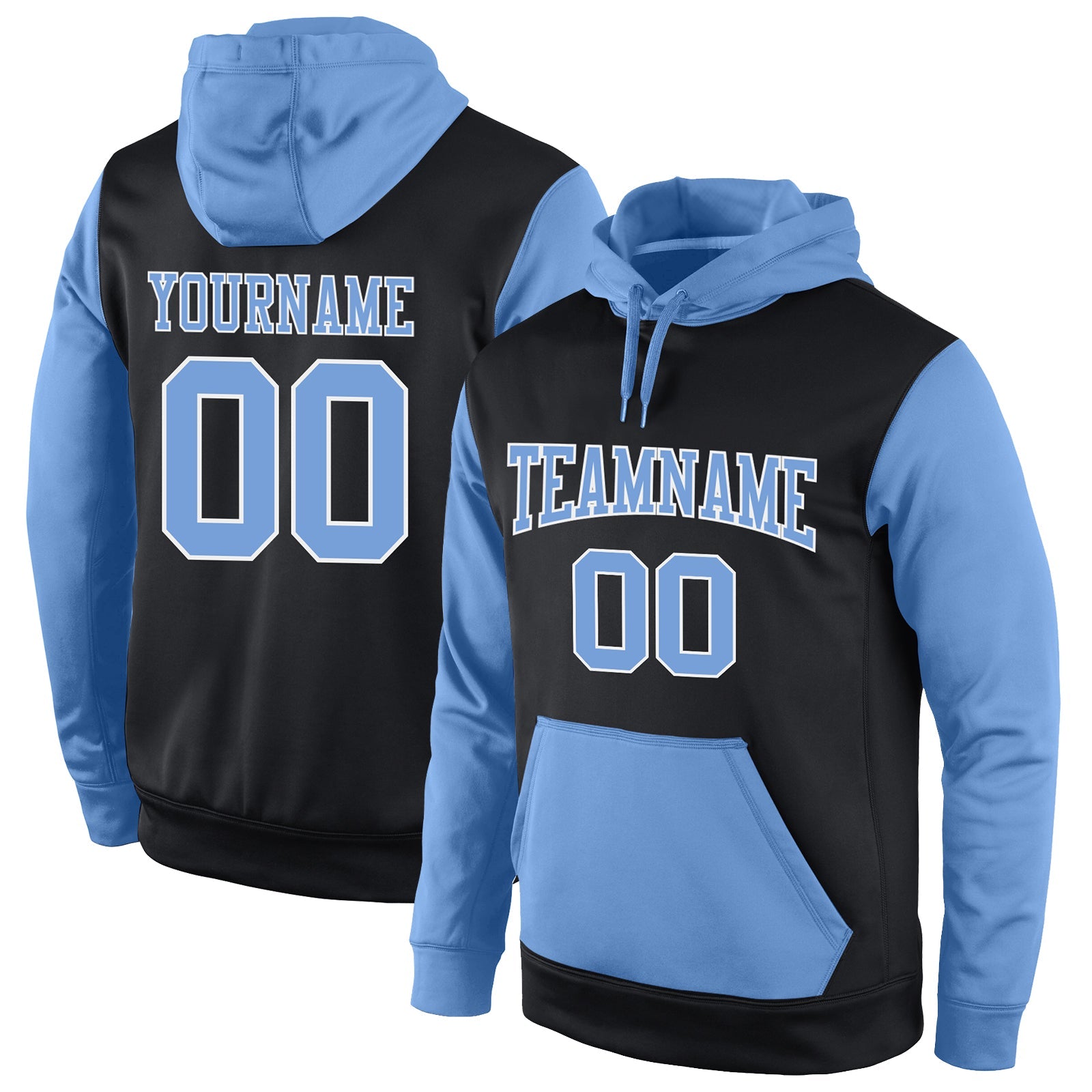 Custom Stitched Black Light Blue-White Sports Pullover Sweatshirt Hoodie - Main View