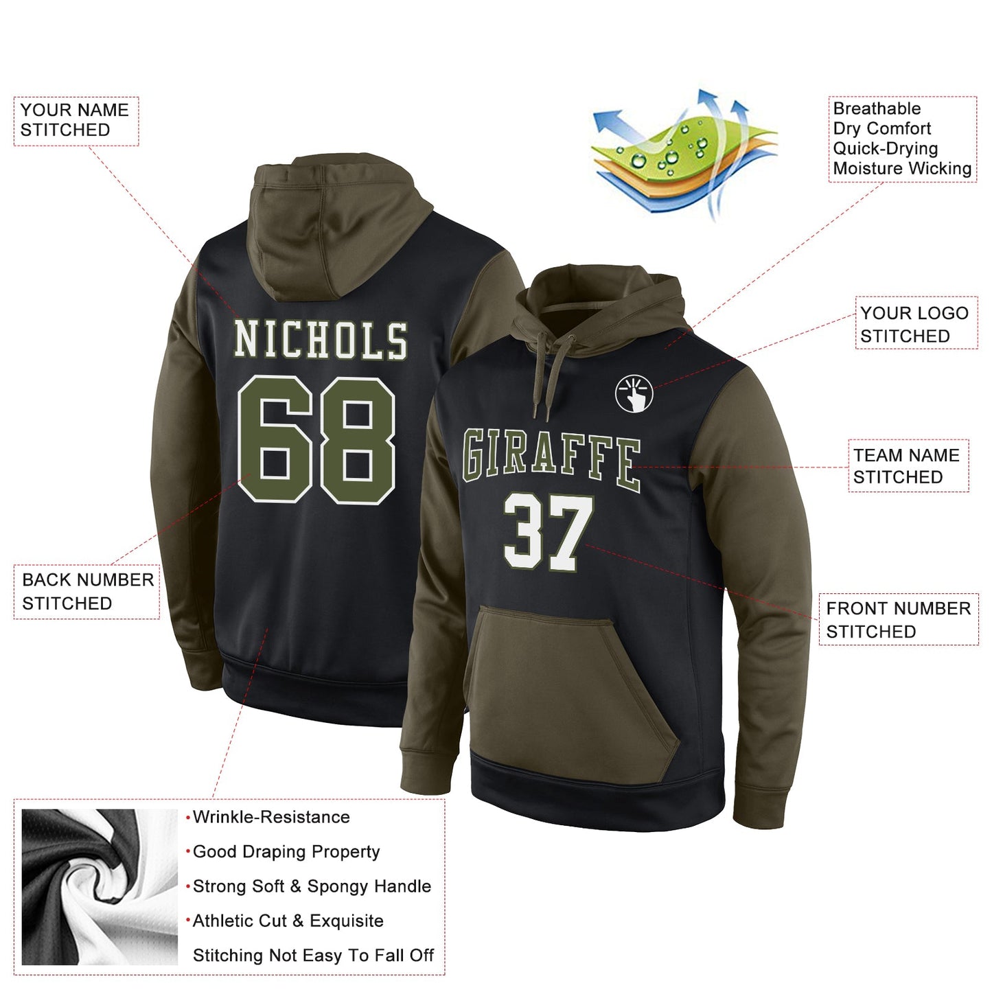 Custom Stitched Black Olive-White Sports Pullover Sweatshirt Hoodie view 2